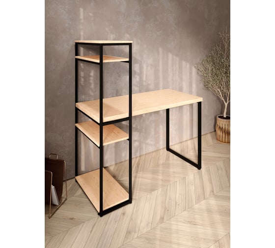 Стол-стеллаж письменный Solarius Loft, 90x60x148 см, с четырьмя полками, без шлифовки и покраски с черными металлическими Лофт ножками stol-stellaz-4polki-net-9060-black