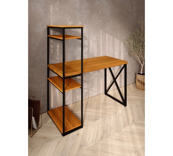 Стол-стеллаж письменный Solarius Loft, 90x60x148 см, с четырьмя полками, цвета ольхи с черным металлическим каркасом и крестообразной ножкой stol-stellaz-4polki-olha-9060-krest-black