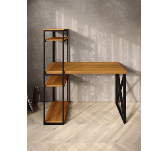Стол-стеллаж письменный Solarius Loft, 90x60x148 см, с четырьмя полками, цвета ольхи с черным металлическим каркасом и крестообразной ножкой stol-stellaz-4polki-olha-9060-krest-black