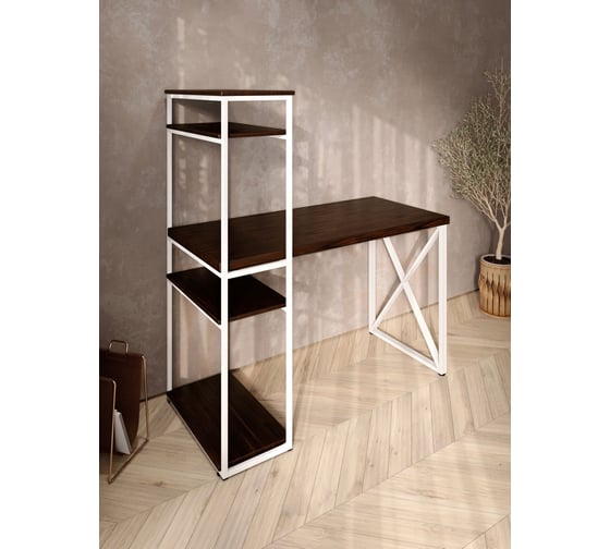 Стол-стеллаж письменный Solarius Loft, 90x60x148 см, с четырьмя полками, цвета венге с белым металлическим каркасом и крестообразной ножкой stol-stellaz-4polki-ven-9060-krest-white