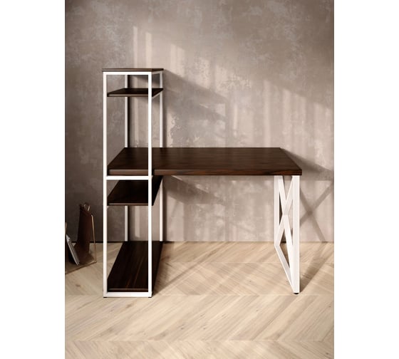 Стол-стеллаж письменный Solarius Loft, 90x60x148 см, с четырьмя полками, цвета венге с белым металлическим каркасом и крестообразной ножкой stol-stellaz-4polki-ven-9060-krest-white
