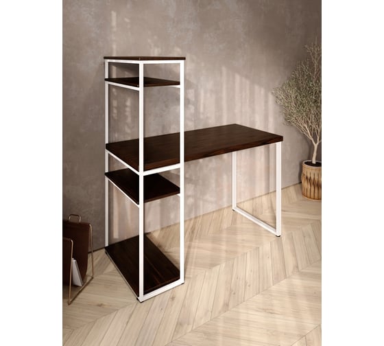Стол-стеллаж письменный Solarius Loft, 90x60x148 см, с четырьмя полками, цвета венге с белыми металлическими Лофт ножками stol-stellaz-4polki-ven-9060-white