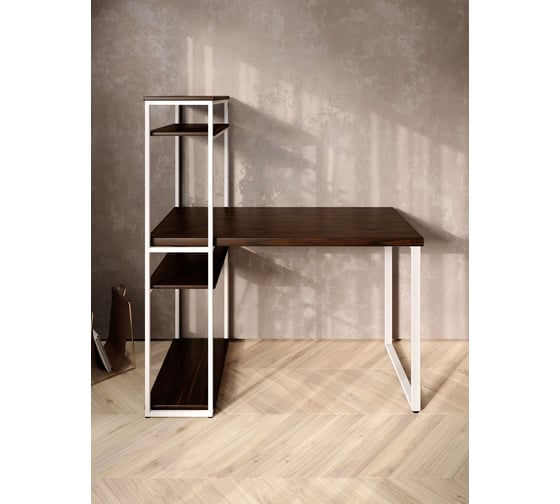 Стол-стеллаж письменный Solarius Loft, 90x60x148 см, с четырьмя полками, цвета венге с белыми металлическими Лофт ножками stol-stellaz-4polki-ven-9060-white