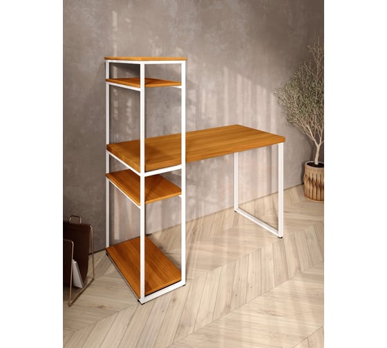 Стол-стеллаж письменный Solarius Loft, 90x60x148 см, с четырьмя полками, цвета ольхи с белыми металлическими Лофт ножками stol-stellaz-4polki-olha-9060-white