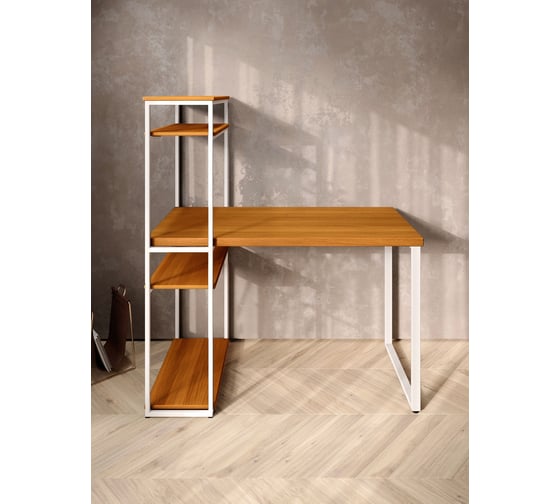 Стол-стеллаж письменный Solarius Loft, 90x60x148 см, с четырьмя полками, цвета ольхи с белыми металлическими Лофт ножками stol-stellaz-4polki-olha-9060-white