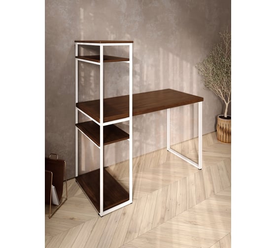 Стол-стеллаж письменный Solarius Loft, 90x60x148 см, с четырьмя полками, цвета темного дуба с белыми металлическими Лофт ножками stol-stellaz-4polki-temd-9060-white