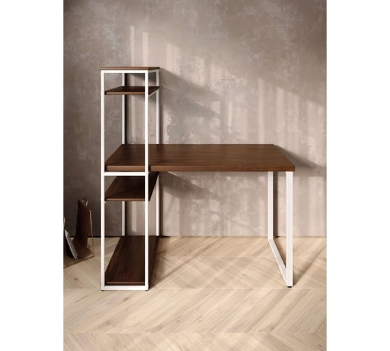 Стол-стеллаж письменный Solarius Loft, 90x60x148 см, с четырьмя полками, цвета темного дуба с белыми металлическими Лофт ножками stol-stellaz-4polki-temd-9060-white