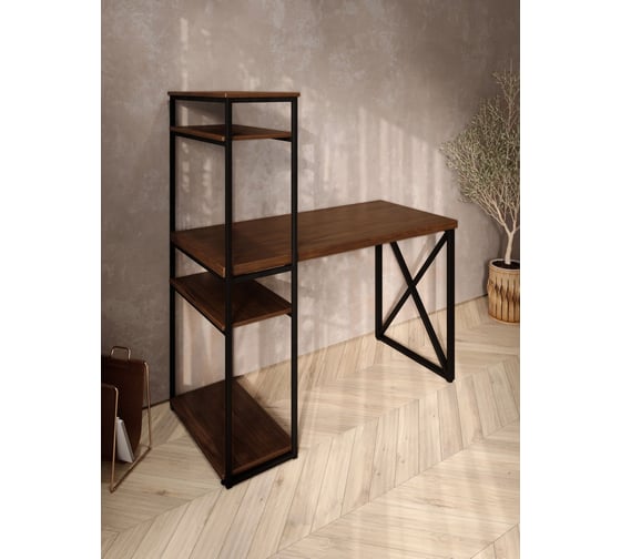 Стол-стеллаж письменный Solarius Loft, 90x60x148 см, с четырьмя полками, цвета темного дуба с черным металлическим каркасом и крестообразной ножкой stol-stellaz-4polki-temd-9060-krest-black