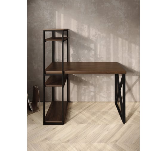 Стол-стеллаж письменный Solarius Loft, 90x60x148 см, с четырьмя полками, цвета темного дуба с черным металлическим каркасом и крестообразной ножкой stol-stellaz-4polki-temd-9060-krest-black