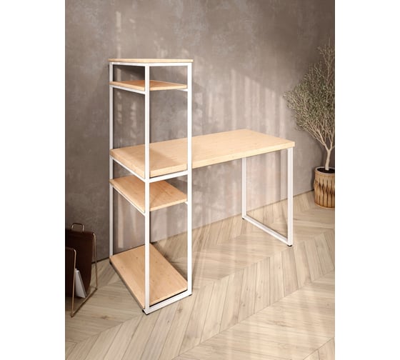 Стол-стеллаж письменный Solarius Loft, 90x60x148 см, с четырьмя полками, без шлифовки и покраски с белыми металлическими Лофт ножками stol-stellaz-4polki-net-9060-white