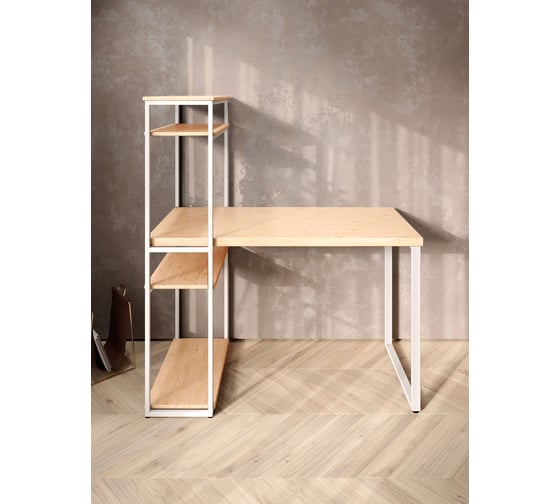 Стол-стеллаж письменный Solarius Loft, 90x60x148 см, с четырьмя полками, без шлифовки и покраски с белыми металлическими Лофт ножками stol-stellaz-4polki-net-9060-white