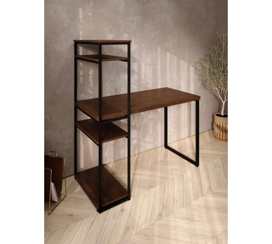 Стол-стеллаж письменный Solarius Loft, 90x60x148 см, с четырьмя полками, цвета темного дуба с черными металлическими Лофт ножками stol-stellaz-4polki-temd-9060-black