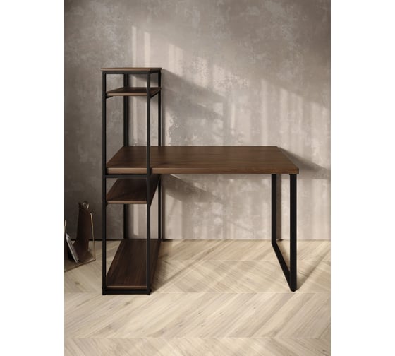 Стол-стеллаж письменный Solarius Loft, 90x60x148 см, с четырьмя полками, цвета темного дуба с черными металлическими Лофт ножками stol-stellaz-4polki-temd-9060-black