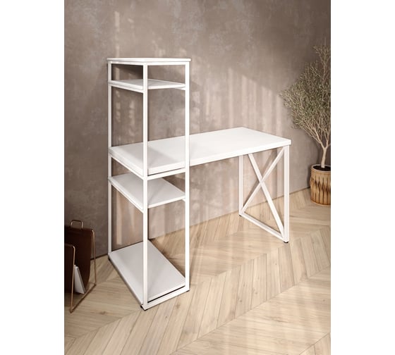Стол-стеллаж письменный Solarius Loft, 90x60x148 см, с четырьмя полками, белого цвета с белым металлическим каркасом и крестообразной ножкой stol-stellaz-4polki-bel-9060-krest-white