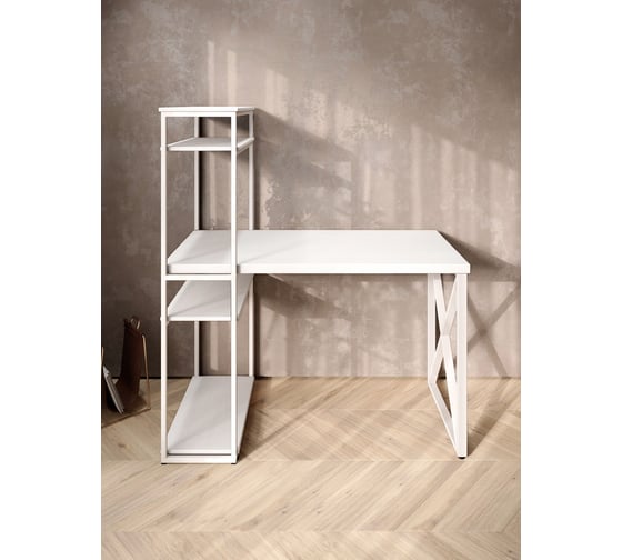Стол-стеллаж письменный Solarius Loft, 90x60x148 см, с четырьмя полками, белого цвета с белым металлическим каркасом и крестообразной ножкой stol-stellaz-4polki-bel-9060-krest-white