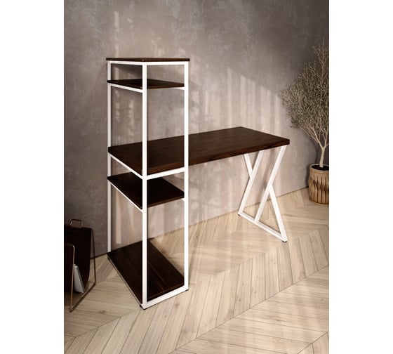 Стол-стеллаж письменный Solarius Loft, 90x60x148 см, с четырьмя полками, цвета венге с белым металлическим каркасом и Z-образной ножкой stol-stellaz-4polki-ven-9060-Z-white