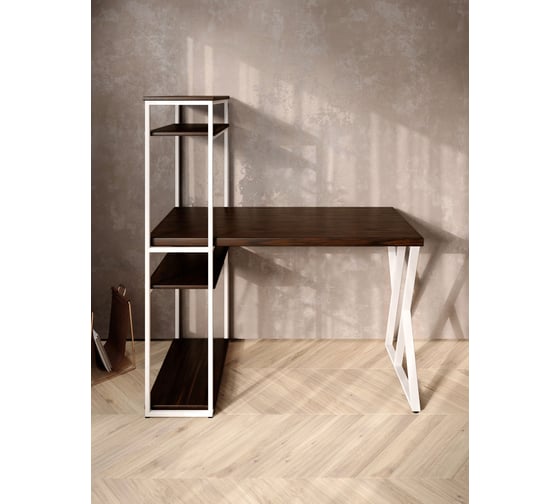 Стол-стеллаж письменный Solarius Loft, 90x60x148 см, с четырьмя полками, цвета венге с белым металлическим каркасом и Z-образной ножкой stol-stellaz-4polki-ven-9060-Z-white