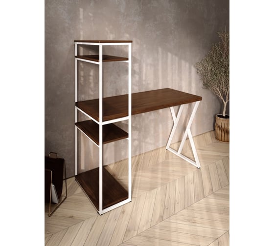 Стол-стеллаж письменный Solarius Loft, 90x60x148 см, с четырьмя полками, цвета темного дуба с белым металлическим каркасом и Z-образной ножкой stol-stellaz-4polki-temd-9060-Z-white
