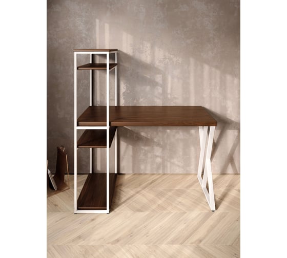 Стол-стеллаж письменный Solarius Loft, 90x60x148 см, с четырьмя полками, цвета темного дуба с белым металлическим каркасом и Z-образной ножкой stol-stellaz-4polki-temd-9060-Z-white