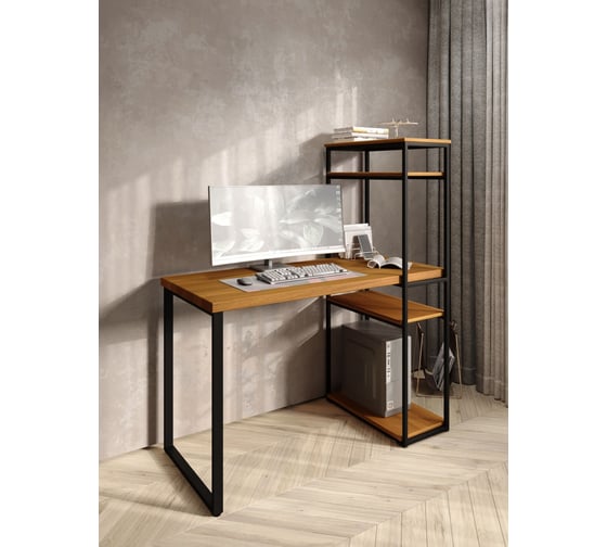 Стол-стеллаж письменный Solarius Loft, 90x60x148 см, с четырьмя полками, цвета ольхи с черными металлическими Лофт ножками stol-stellaz-4polki-olha-9060-black