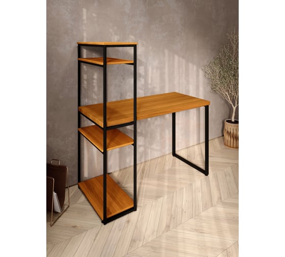 Стол-стеллаж письменный Solarius Loft, 90x60x148 см, с четырьмя полками, цвета ольхи с черными металлическими Лофт ножками stol-stellaz-4polki-olha-9060-black