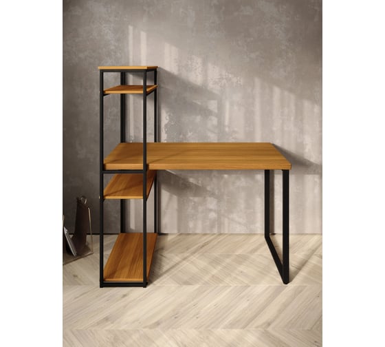 Стол-стеллаж письменный Solarius Loft, 90x60x148 см, с четырьмя полками, цвета ольхи с черными металлическими Лофт ножками stol-stellaz-4polki-olha-9060-black