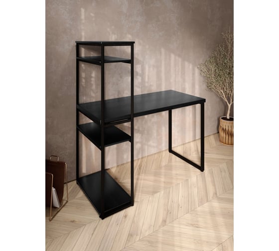 Стол-стеллаж письменный Solarius Loft, 90x60x148 см, с четырьмя полками, цвета черного оникса с черными металлическими Лофт ножками stol-stellaz-4polki-onix-9060-black