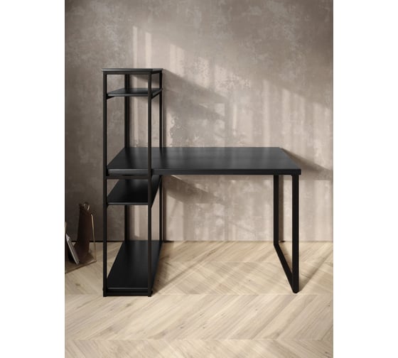 Стол-стеллаж письменный Solarius Loft, 90x60x148 см, с четырьмя полками, цвета черного оникса с черными металлическими Лофт ножками stol-stellaz-4polki-onix-9060-black