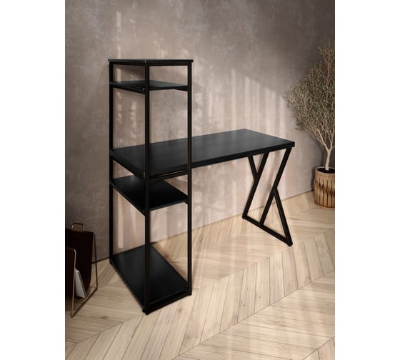 Стол-стеллаж письменный Solarius Loft, 90x60x148 см, с четырьмя полками, цвета черного оникса с черным металлическим каркасом и Z-образной ножкой stol-stellaz-4polki-onix-9060-Z-black