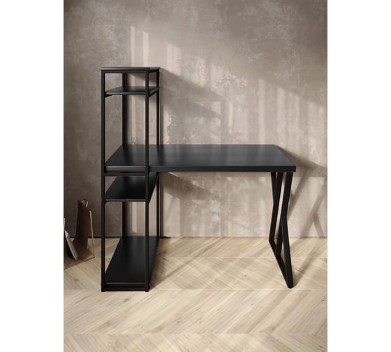 Стол-стеллаж письменный Solarius Loft, 90x60x148 см, с четырьмя полками, цвета черного оникса с черным металлическим каркасом и Z-образной ножкой stol-stellaz-4polki-onix-9060-Z-black