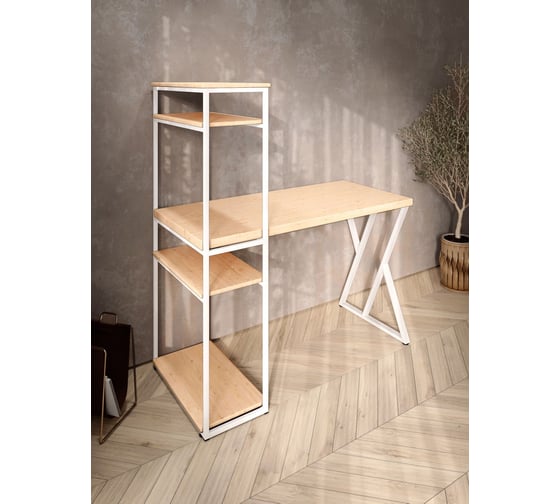 Стол-стеллаж письменный Solarius Loft, 90x60x148 см, с четырьмя полками, без шлифовки и покраски с белым металлическим каркасом и Z-образной ножкой stol-stellaz-4polki-net-9060-Z-white