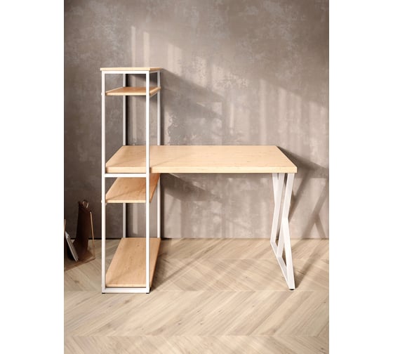 Стол-стеллаж письменный Solarius Loft, 90x60x148 см, с четырьмя полками, без шлифовки и покраски с белым металлическим каркасом и Z-образной ножкой stol-stellaz-4polki-net-9060-Z-white
