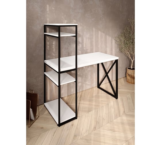 Стол-стеллаж письменный Solarius Loft, 90x60x148 см, с четырьмя полками, белого цвета с черным металлическим каркасом и крестообразной ножкой stol-stellaz-4polki-bel-9060-krest-black