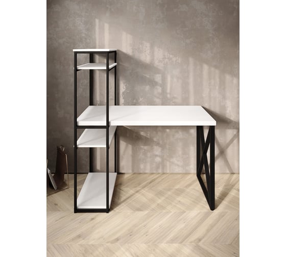 Стол-стеллаж письменный Solarius Loft, 90x60x148 см, с четырьмя полками, белого цвета с черным металлическим каркасом и крестообразной ножкой stol-stellaz-4polki-bel-9060-krest-black