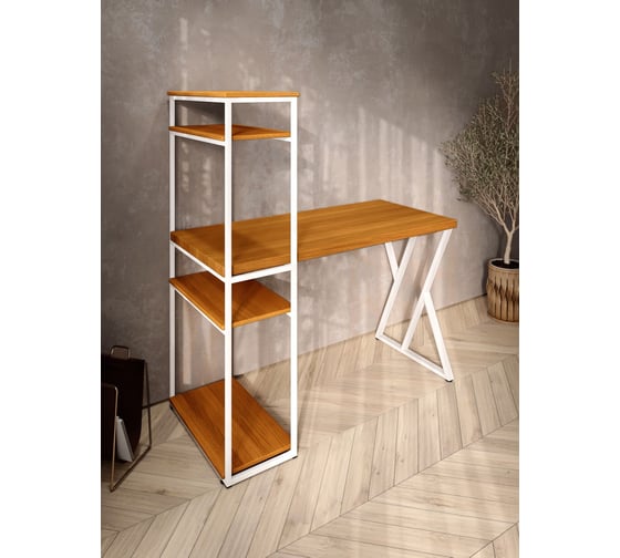 Стол-стеллаж письменный Solarius Loft, 90x60x148 см, с четырьмя полками, цвета ольхи с белым металлическим каркасом и Z-образной ножкой stol-stellaz-4polki-olha-9060-Z-white
