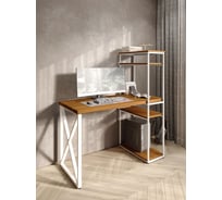 Стол-стеллаж письменный Solarius Loft, 90x60x148 см, с четырьмя полками, цвета ольхи с белым металлическим каркасом и крестообразной ножкой stol-stellaz-4polki-olha-9060-krest-white