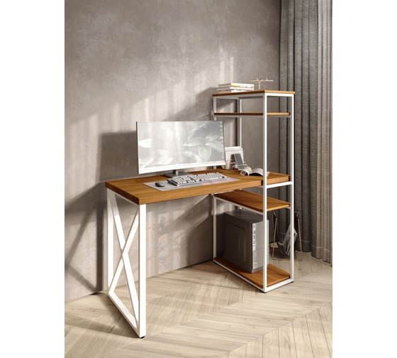 Стол-стеллаж письменный Solarius Loft, 90x60x148 см, с четырьмя полками, цвета ольхи с белым металлическим каркасом и крестообразной ножкой stol-stellaz-4polki-olha-9060-krest-white