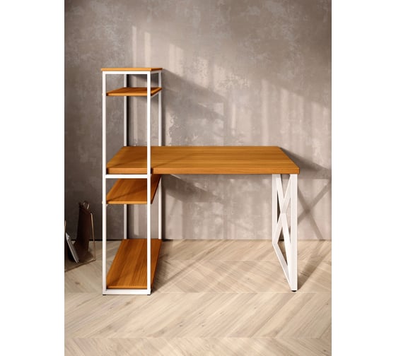 Стол-стеллаж письменный Solarius Loft, 90x60x148 см, с четырьмя полками, цвета ольхи с белым металлическим каркасом и крестообразной ножкой stol-stellaz-4polki-olha-9060-krest-white