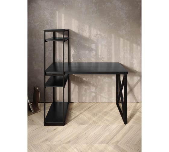 Стол-стеллаж письменный Solarius Loft, 90x60x148 см, с четырьмя полками, цвета черного оникса с черным металлическим каркасом и крестообразной ножкой stol-stellaz-4polki-onix-9060-krest-black