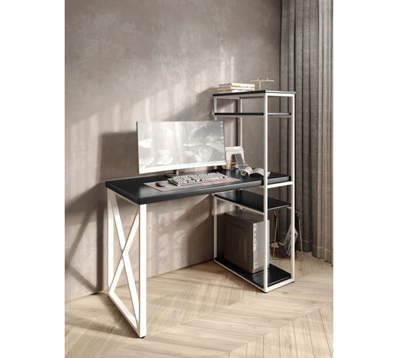 Стол-стеллаж письменный Solarius Loft, 90x60x148 см, с четырьмя полками, цвета черного оникса с белым металлическим каркасом и крестообразной ножкой stol-stellaz-4polki-onix-9060-krest-white