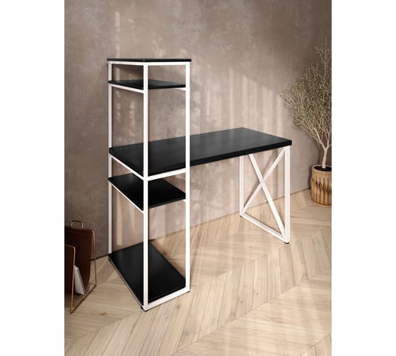 Стол-стеллаж письменный Solarius Loft, 90x60x148 см, с четырьмя полками, цвета черного оникса с белым металлическим каркасом и крестообразной ножкой stol-stellaz-4polki-onix-9060-krest-white