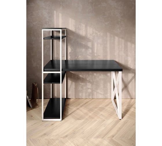 Стол-стеллаж письменный Solarius Loft, 90x60x148 см, с четырьмя полками, цвета черного оникса с белым металлическим каркасом и крестообразной ножкой stol-stellaz-4polki-onix-9060-krest-white