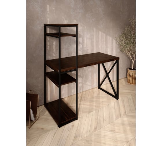 Стол-стеллаж письменный Solarius Loft, 90x60x148 см, с четырьмя полками, цвета венге с черным металлическим каркасом и крестообразной ножкой stol-stellaz-4polki-ven-9060-krest-black