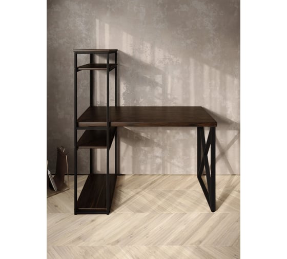Стол-стеллаж письменный Solarius Loft, 90x60x148 см, с четырьмя полками, цвета венге с черным металлическим каркасом и крестообразной ножкой stol-stellaz-4polki-ven-9060-krest-black