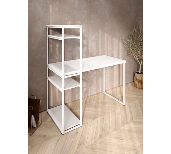 Стол-стеллаж письменный Solarius Loft, 90x60x148 см, с четырьмя полками, белого цвета с белыми металлическими Лофт ножками stol-stellaz-4polki-bel-9060-white