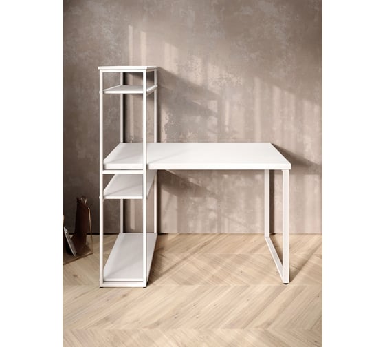 Стол-стеллаж письменный Solarius Loft, 90x60x148 см, с четырьмя полками, белого цвета с белыми металлическими Лофт ножками stol-stellaz-4polki-bel-9060-white