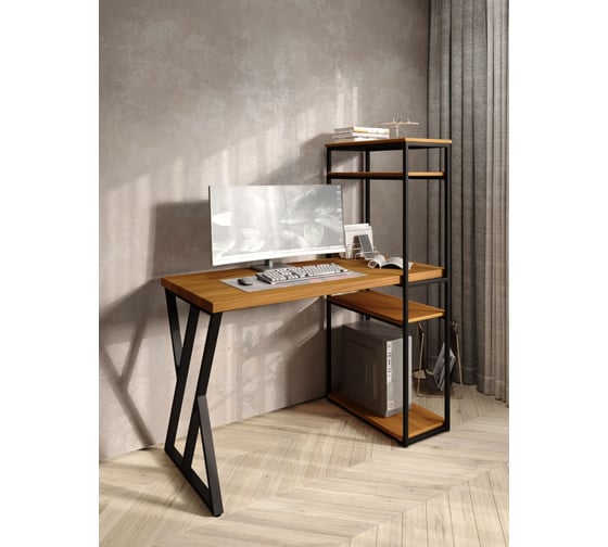 Стол-стеллаж письменный Solarius Loft, 90x60x148 см, с четырьмя полками, цвета ольхи с черным металлическим каркасом и Z-образной ножкой stol-stellaz-4polki-olha-9060-Z-black