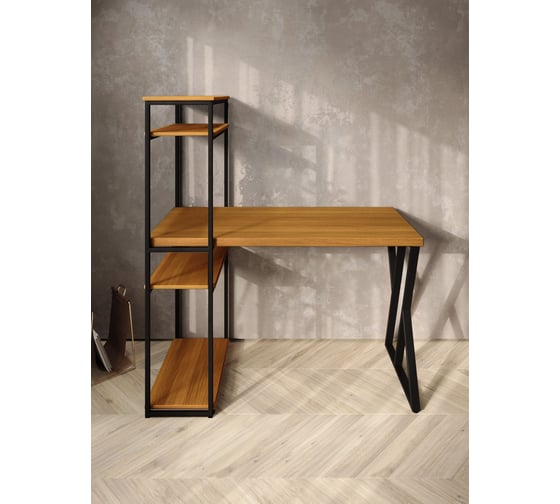 Стол-стеллаж письменный Solarius Loft, 90x60x148 см, с четырьмя полками, цвета ольхи с черным металлическим каркасом и Z-образной ножкой stol-stellaz-4polki-olha-9060-Z-black