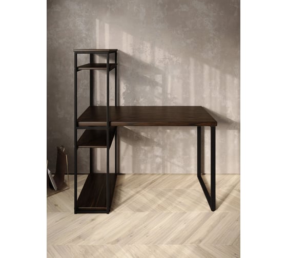 Стол-стеллаж письменный Solarius Loft, 90x60x148 см, с четырьмя полками, цвета венге с черными металлическими Лофт ножками stol-stellaz-4polki-ven-9060-black