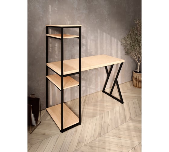 Стол-стеллаж письменный Solarius Loft, 90x60x148 см, с четырьмя полками, без шлифовки и покраски с черным металлическим каркасом и Z-образной ножкой stol-stellaz-4polki-net-9060-Z-black